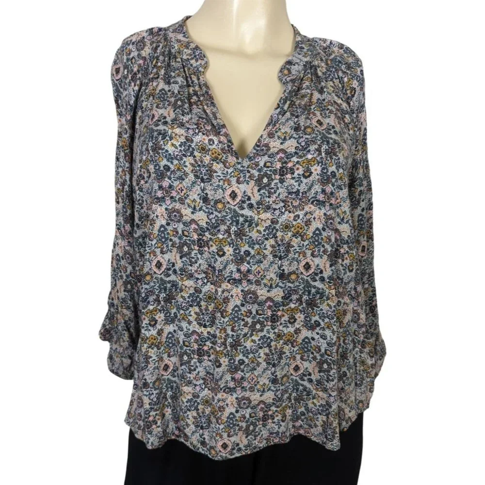 Roan + Ryan 3/4" balloon sleeve V neck floral print pull over blouse size S - Picture 1 of 12